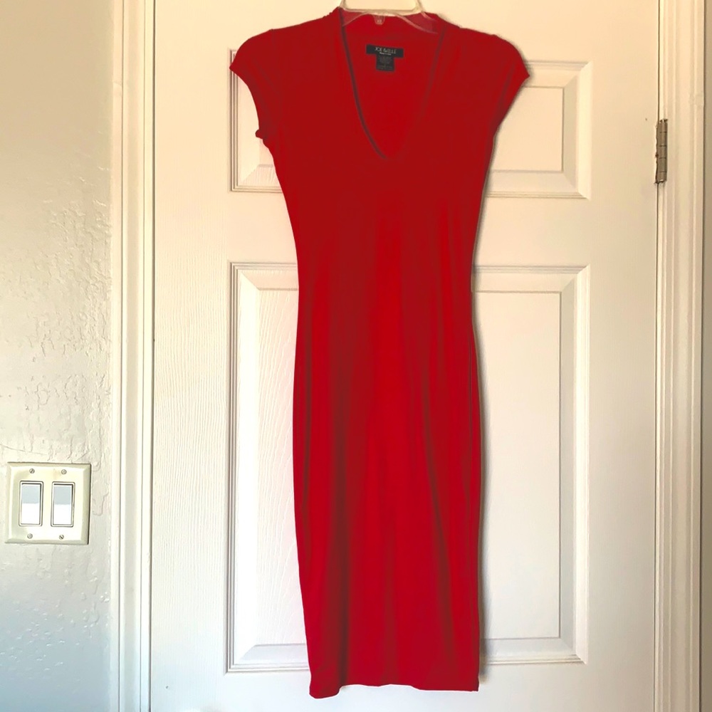 Red fitted midi dress